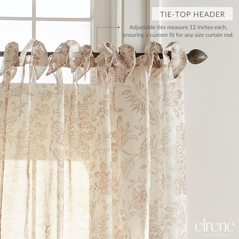 Elrene Home Fashions Westport Floral Tie-Top Sheer Window Curtain Panel, 52" x 84" (1), Flax - Image 2